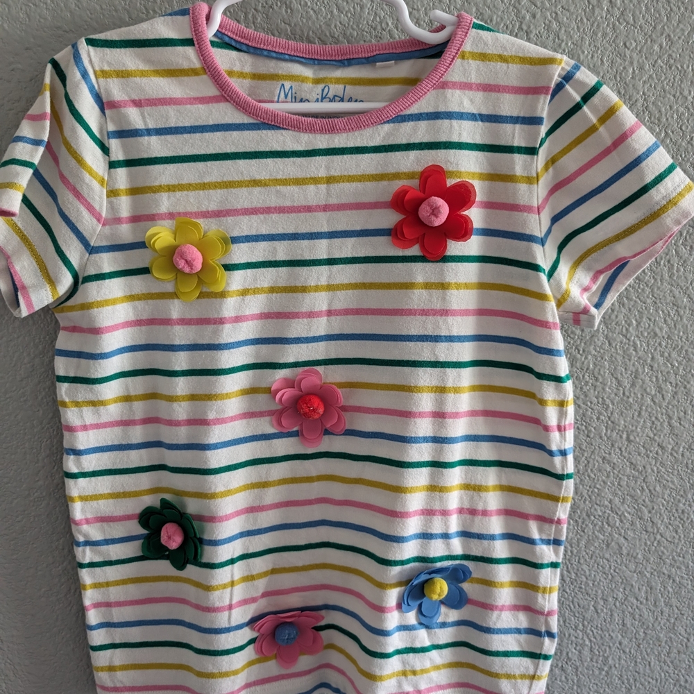 Mini Boden Pink and White Short Sleeve Tee with Floral Accents